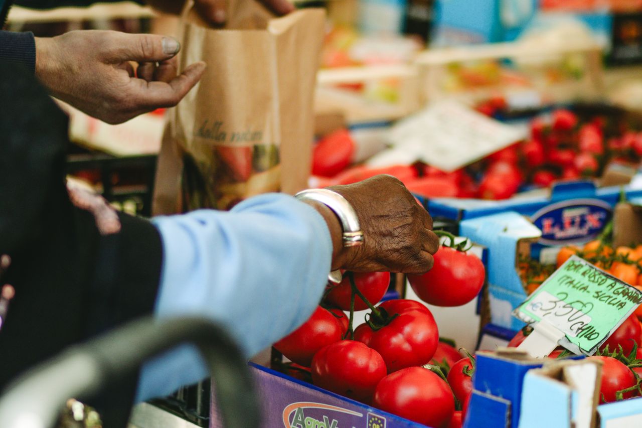 services-01 Close-up of elderly hands selecting ripe tomatoes at an outdoor vegetable market.
